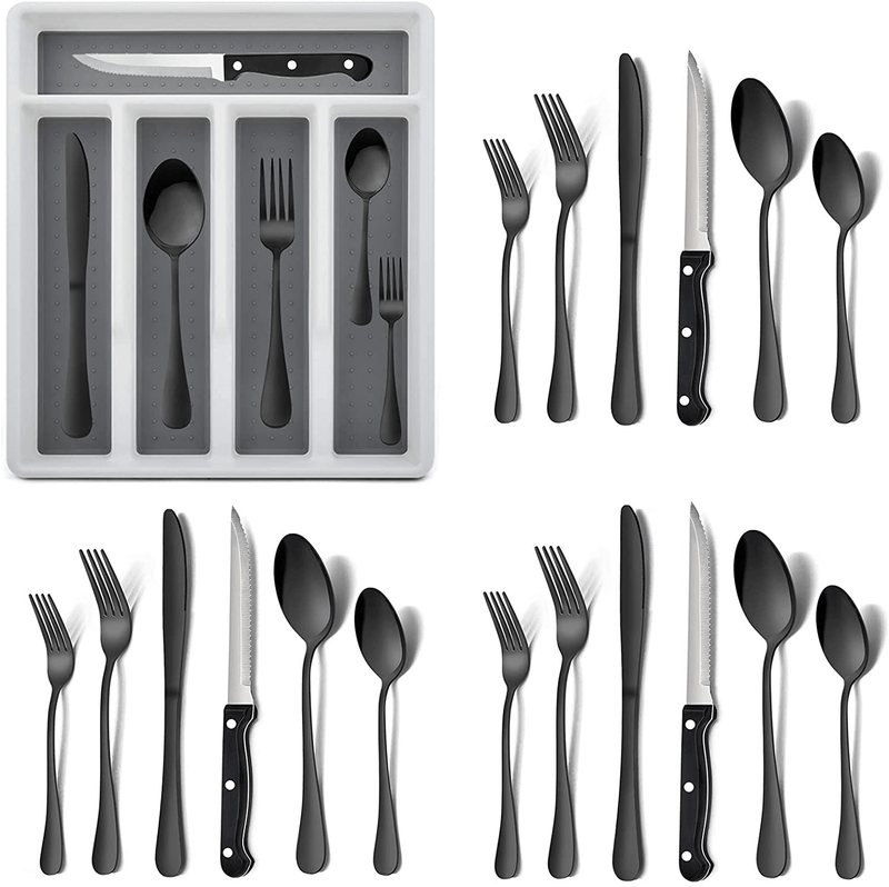 49-Piece Silverware Set with Flatware Drawer Organizer, Stainless Steel Cutlery Set with 8 Steak Knives, Eating Utensils Set Service for 8, Mirror Polished, Dishwasher Safe - Silver Home & Garden > Kitchen & Dining > Tableware > Flatware > Flatware Sets HaWare Black 25 pieces 
