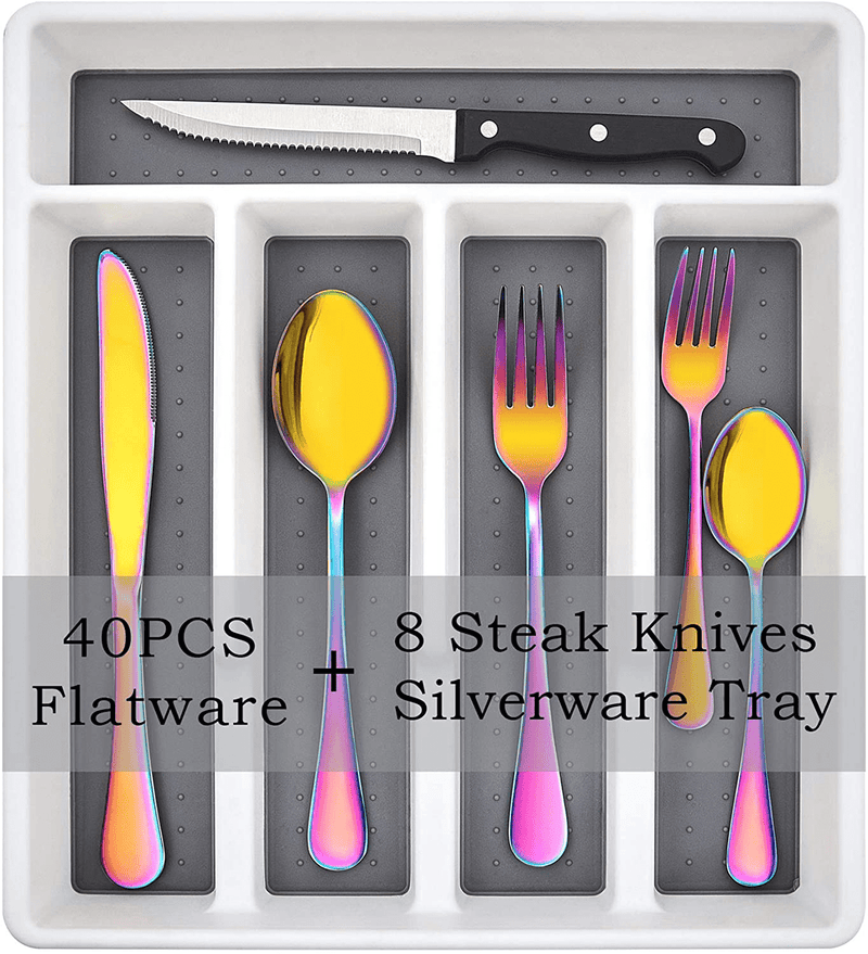 49-Piece Silverware Set with Flatware Drawer Organizer, Stainless Steel Cutlery Set with 8 Steak Knives, Eating Utensils Set Service for 8, Mirror Polished, Dishwasher Safe - Silver Home & Garden > Kitchen & Dining > Tableware > Flatware > Flatware Sets HaWare Rainbow 49 pieces 