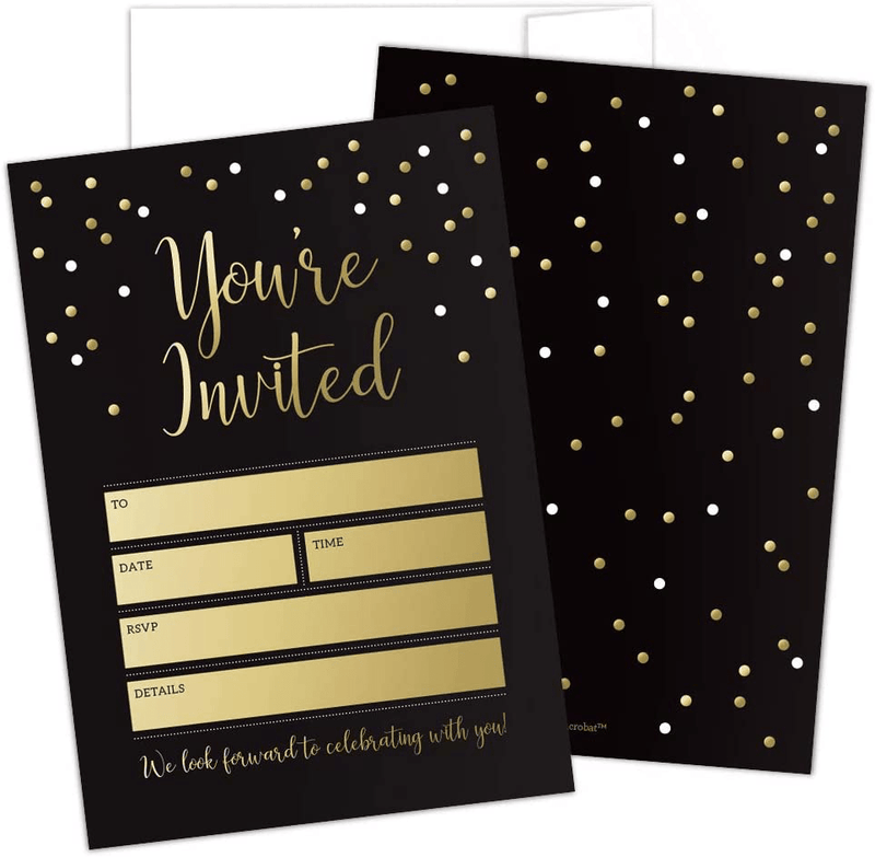 Black and Gold Party Invitations with Envelopes by Hat Acrobat | Perfect for Anniversary, Birthday, Rehearsal Dinner, Bachelorette Party, Graduation, 25 Pack Arts & Entertainment > Party & Celebration > Party Supplies > Invitations Hat Acrobat 25  