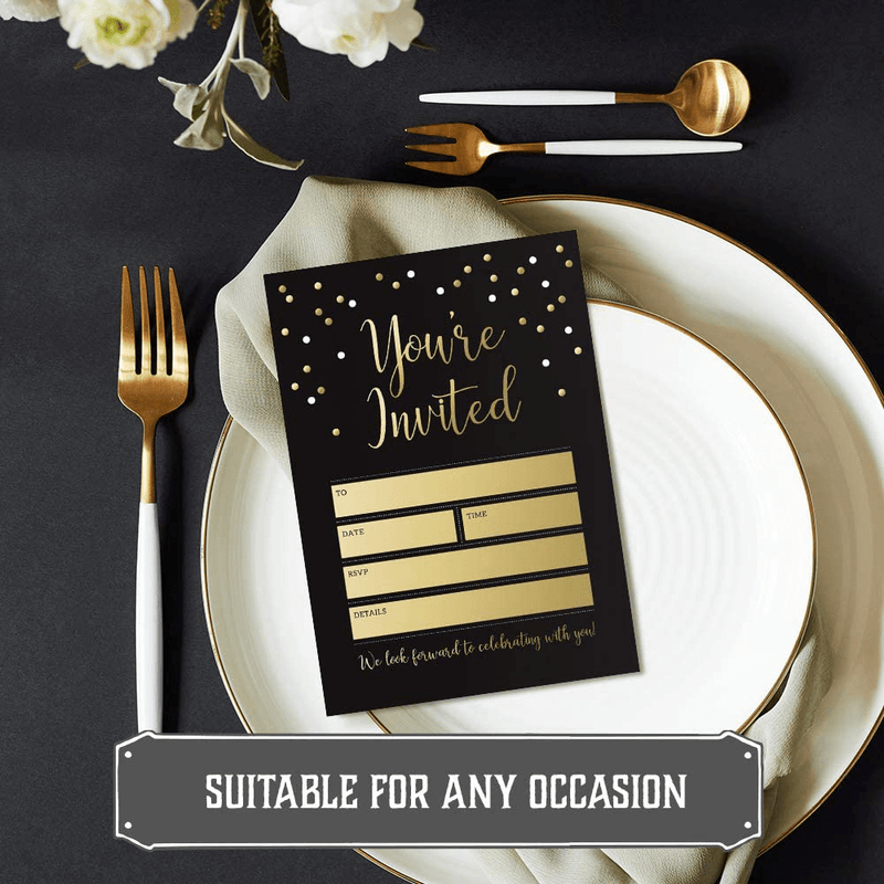 Black and Gold Party Invitations with Envelopes by Hat Acrobat | Perfect for Anniversary, Birthday, Rehearsal Dinner, Bachelorette Party, Graduation, 25 Pack Arts & Entertainment > Party & Celebration > Party Supplies > Invitations Hat Acrobat   