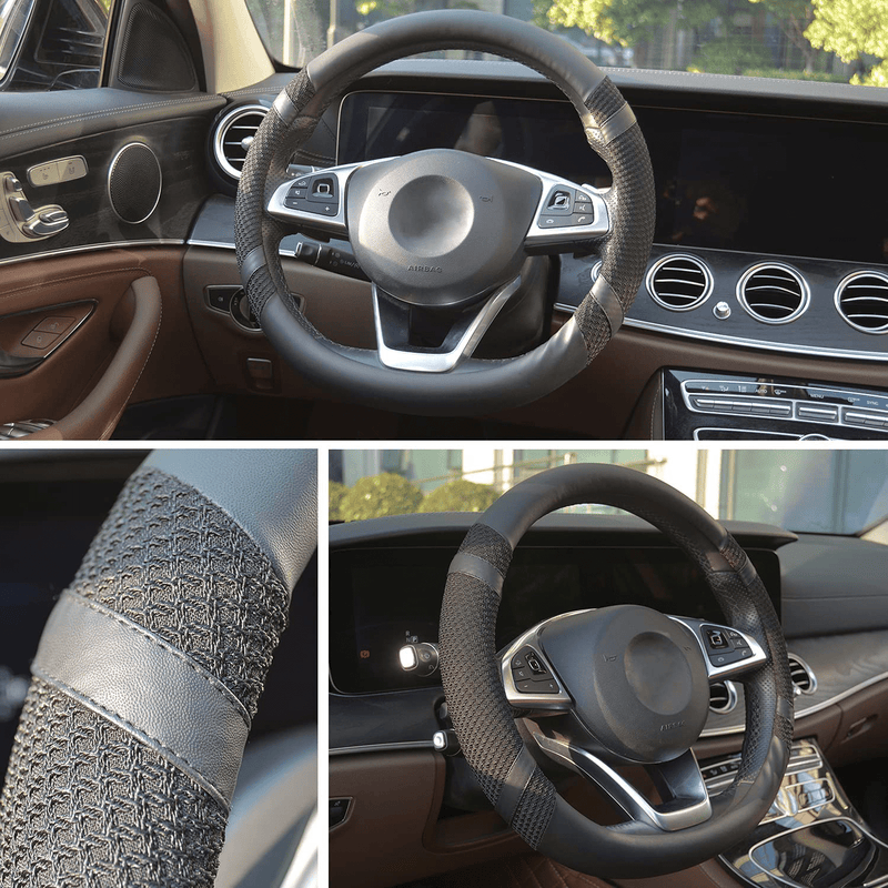 BOKIN Leather Steering Wheel Cover with Beathable Microfiber and Viscose for Men Women,Anti-Slip, Odorless,Universal 15 Inch Black Car Wheel Protector Vehicles & Parts > Vehicle Parts & Accessories > Vehicle Maintenance, Care & Decor > Vehicle Decor > Vehicle Steering Wheel Covers BOKIN   