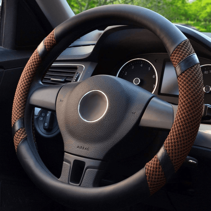 BOKIN Leather Steering Wheel Cover with Beathable Microfiber and Viscose for Men Women,Anti-Slip, Odorless,Universal 15 Inch Black Car Wheel Protector Vehicles & Parts > Vehicle Parts & Accessories > Vehicle Maintenance, Care & Decor > Vehicle Decor > Vehicle Steering Wheel Covers BOKIN Brown  