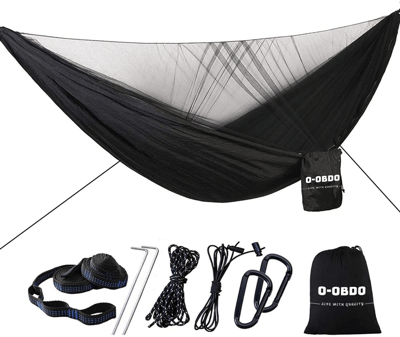Camping Hammock with Mosquito/Bug Net,Lightweight Portable Single/ Double Parachute Hammock with 2 Tree Straps,Net Hammock for Indoor,Outdoor,Backyard,Hiking,Backpack,Travel,Jungle,Tree,Beach Sporting Goods > Outdoor Recreation > Camping & Hiking > Mosquito Nets & Insect Screens O-OBDO Black  