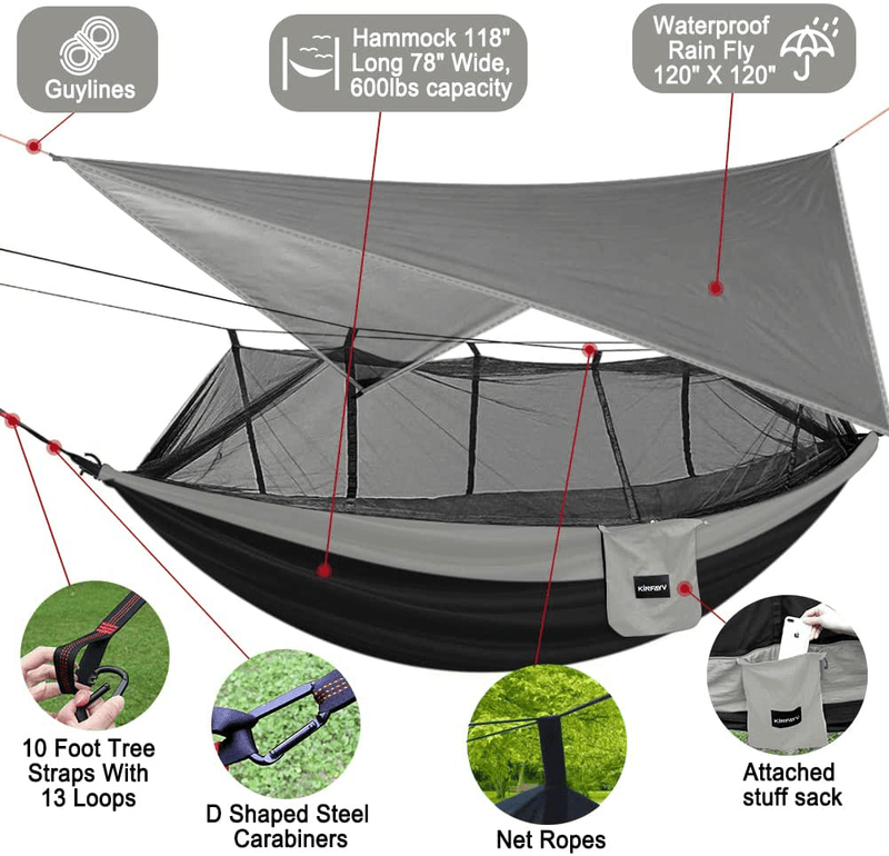 Camping Hammock with Mosquito Net and Rain Fly - Portable Double Hammock with Bug Net and Tent Tarp Heavy Duty Tree Strap, Hammock Tent for Travel Camping Backpacking Hiking Outdoor Activities Black Sporting Goods > Outdoor Recreation > Camping & Hiking > Mosquito Nets & Insect Screens KINFAYV   