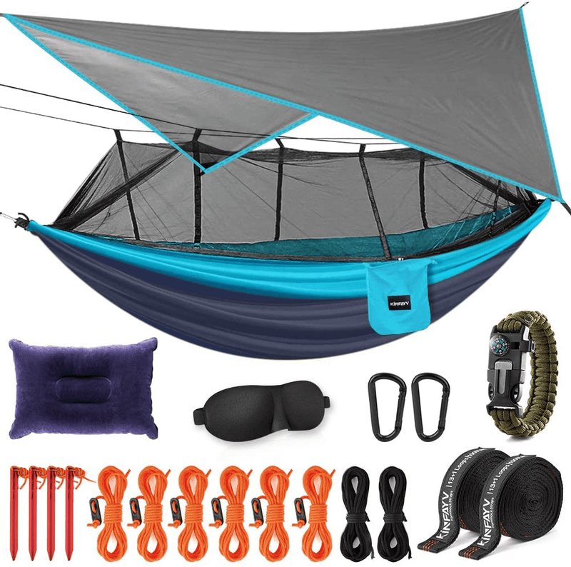 Camping Hammock with Mosquito Net and Rain Fly - Portable Double Hammock with Bug Net and Tent Tarp Heavy Duty Tree Strap, Hammock Tent for Travel Camping Backpacking Hiking Outdoor Activities Black Sporting Goods > Outdoor Recreation > Camping & Hiking > Mosquito Nets & Insect Screens KINFAYV Black-blue  