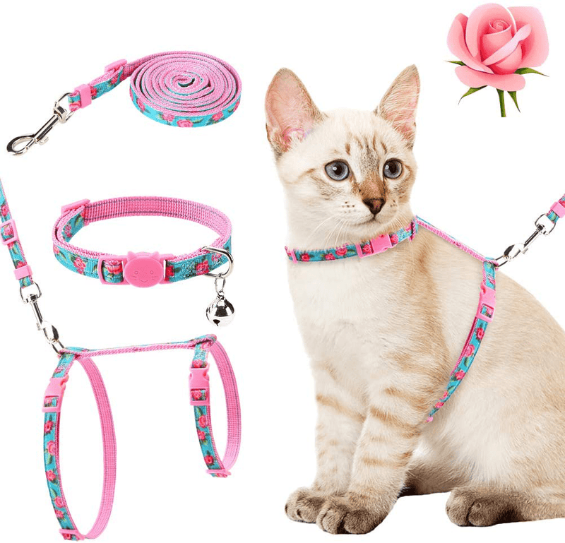 Cat Harness with Leash and Collar Set - Escape Proof Adjustable H-shped Cat Vest, Soft Comfortable Strap for Cats Outdoor Walking Animals & Pet Supplies > Pet Supplies > Cat Supplies > Cat Apparel PAWCHIEPET Pink/Flower  