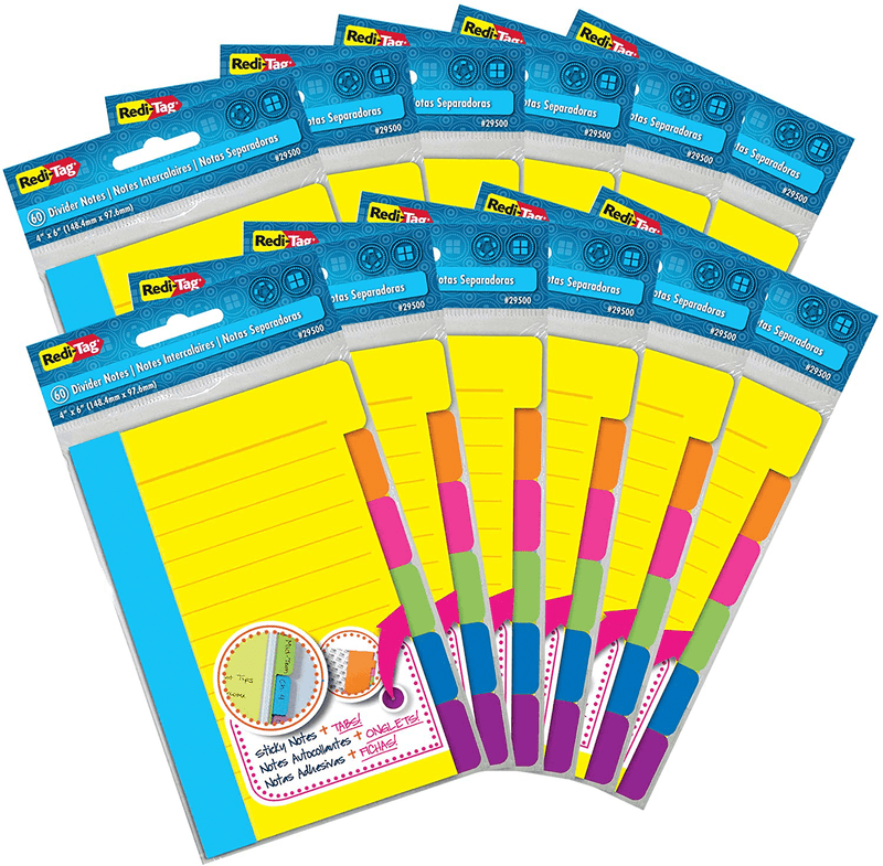Redi-Tag Divider Sticky Notes, Tabbed Self-Stick Lined Note Pad, 60 Ruled Notes, 4 x 6 Inches, Assorted Neon Colors (29500) Office Supplies > General Office Supplies Redi-Tag 12 Pack  