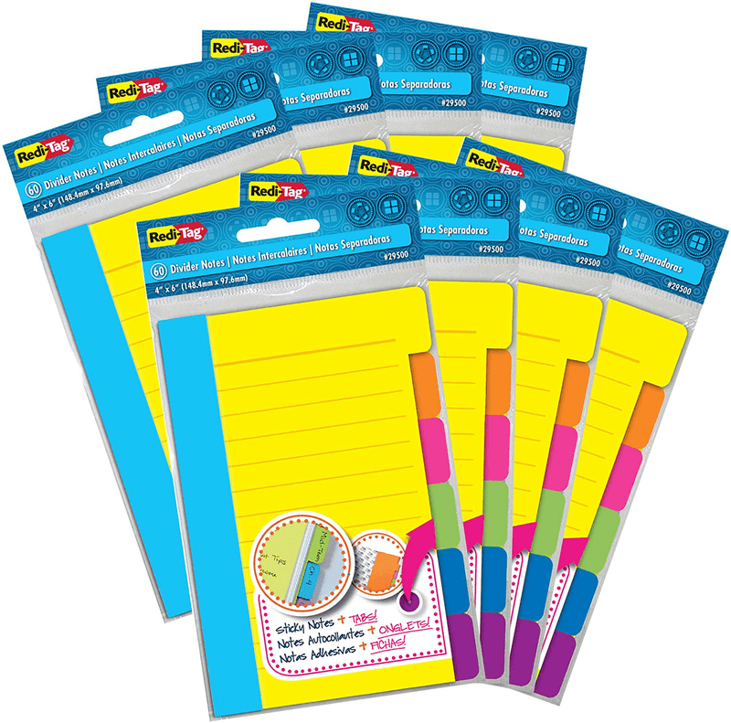 Redi-Tag Divider Sticky Notes, Tabbed Self-Stick Lined Note Pad, 60 Ruled Notes, 4 x 6 Inches, Assorted Neon Colors (29500) Office Supplies > General Office Supplies Redi-Tag 8 Pack  