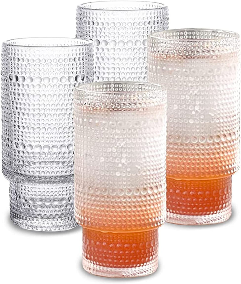 Glass Cups Vintage Glassware | Set of 4 Small, Embossed Stackable Pattern Style Transparent Cocktail Glasses Set, Ice Coffee Cup Juice Drinkware, Clear, 190Ml (S) Home & Garden > Kitchen & Dining > Tableware > Drinkware SoulTimes B Large (Pack of 4) 