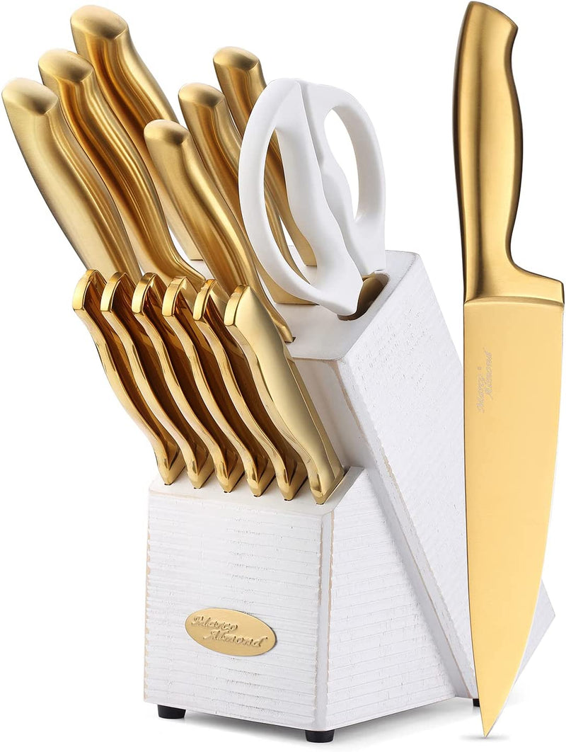 Knife Set-Marco Almond® MA21 Luxury Golden Kitchen Knife Set, Titanium Coated 14 Pieces Stainless Steel Hollow Handle Gold Kitchen Knife Set with Block by White Wash Finish Wood Home & Garden > Kitchen & Dining > Kitchen Tools & Utensils > Kitchen Knives Marco Almond Golden Blade/White Block  