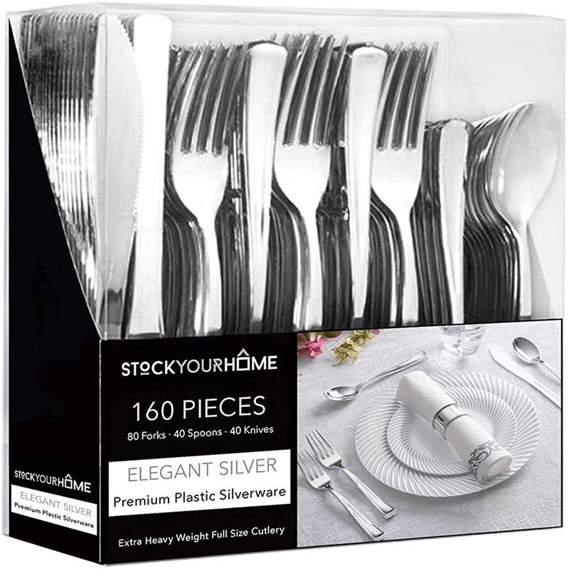 160 Pack Silver Plastic Cutlery Disposable Silverware - 80 Forks, 40 Knives, 40 Spoons - For Catering, Parties, Dinners, Weddings, and Everyday Use Home & Garden > Kitchen & Dining > Tableware > Flatware > Flatware Sets Stock Your Home Default Title  