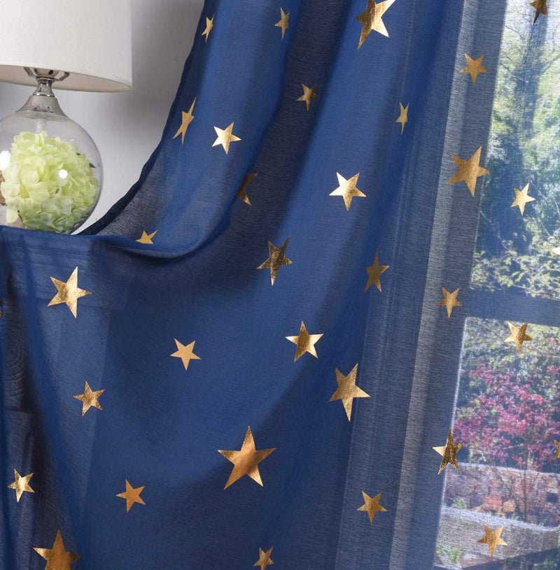 Kotile Star Themed Kids Room Sheer Curtains, Navy Blue Grommet Top Window Treatment with Twinkle Gold Stars Short Curtains for Bedroom, W52 X L63 Inches, 2 Panels Home & Garden > Decor > Window Treatments > Curtains & Drapes Kotile   