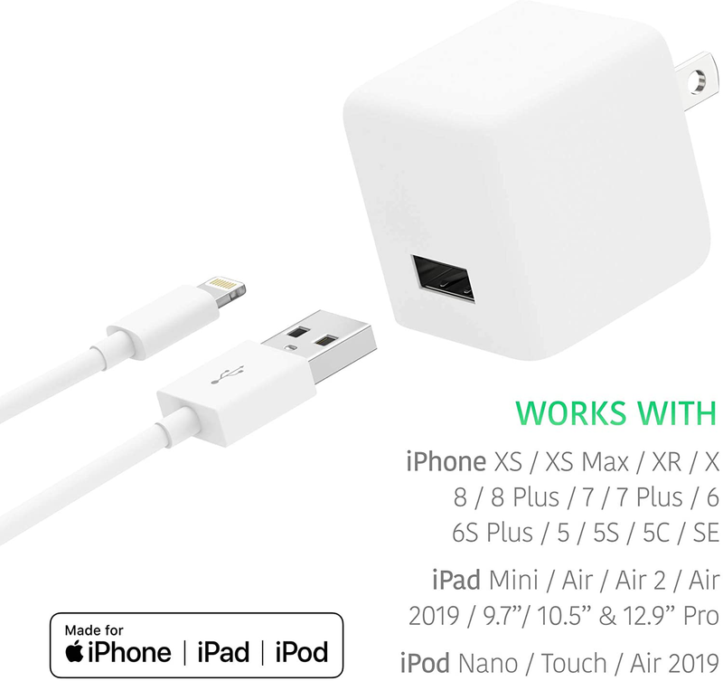 TalkWorks USB Wall Charger iPhone Adapter 12W/2.4A - Includes 5ft Lightning Cable MFI Certified For Apple iPhone 12, 12 Pro/Max, 12 Mini, 11, 11 Pro/Max, XS/Max, XR, X, 8, 7, 6, SE, 5, iPad - White Electronics > Electronics Accessories > Power > Power Adapters & Chargers MAP 140(Talkworks)   