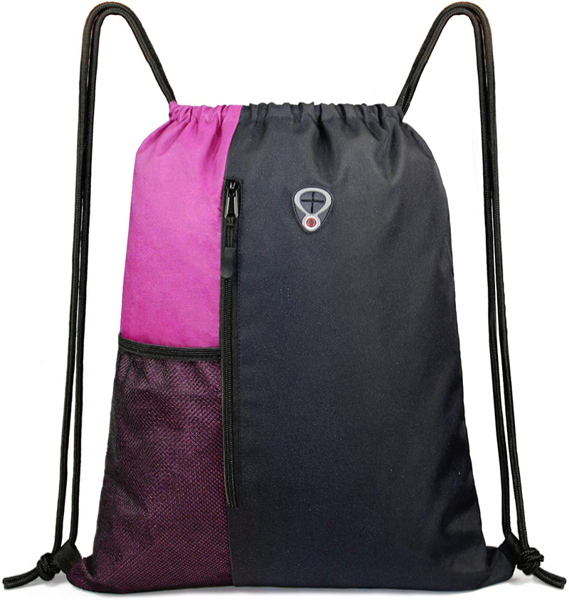 Drawstring Backpack Sports Gym Bag for Women Men Children Large Size with Zipper and Water Bottle Mesh Pockets Home & Garden > Household Supplies > Storage & Organization BeeGreen Black/Pink  