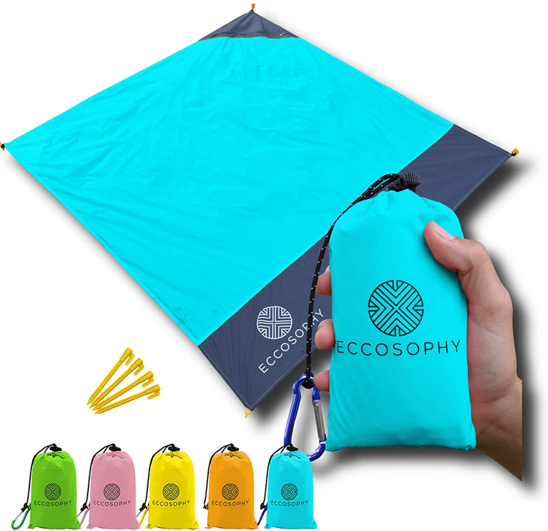 ECCOSOPHY Sand Proof Beach Blanket - 100% Waterproof Picnic Blanket 60x55 - Outdoor Compact Pocket Blanket - Lightweight Ground Cover for Hiking, Camping, Festivals, Sports, Travel- with Bag & Stakes Home & Garden > Lawn & Garden > Outdoor Living > Outdoor Blankets > Picnic Blankets ECCOSOPHY Blue  