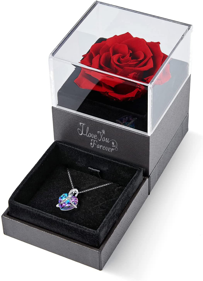 Eleshow Preserved Real Rose with I Love You Heart Crystal Necklace, Enchanted Rose Gifts for Her Girlfriend Wife Mom on Valentine'S Day Mothers Day Christmas Anniversary Birthday Gifts for Women Home & Garden > Decor > Seasonal & Holiday Decorations EleShow D-deep Red Rose  