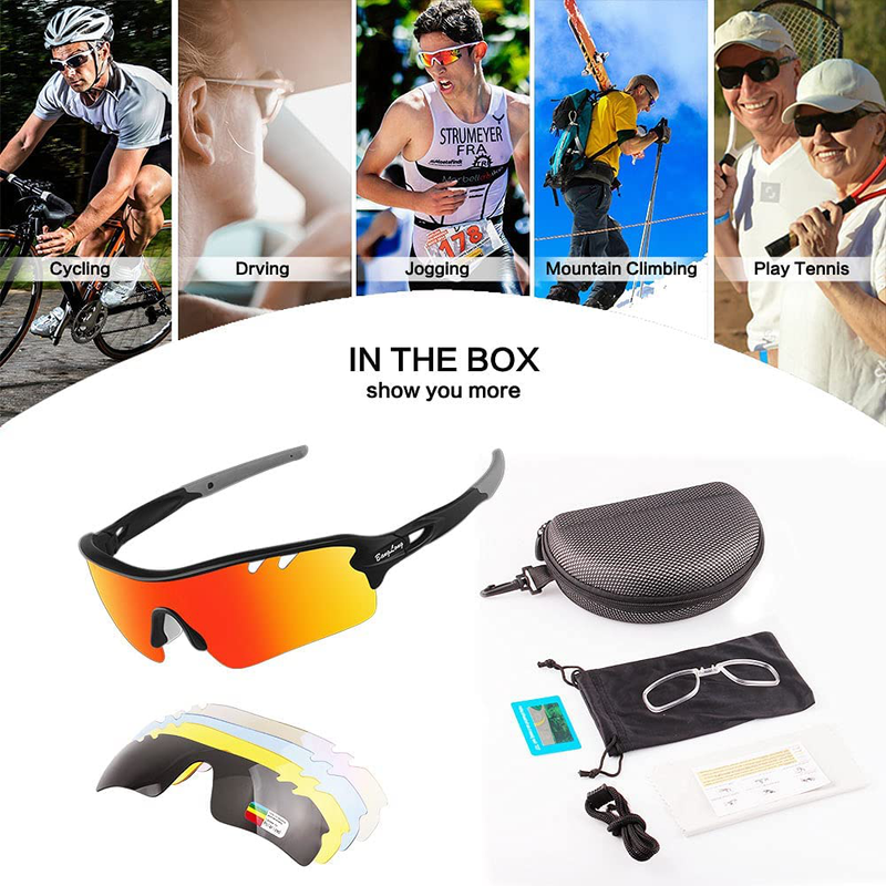 Polarized Sports Sunglasses Cycling Sun Glasses for Men Women with 5 Interchangeable Lenes for Running Baseball Golf Driving Sporting Goods > Outdoor Recreation > Cycling > Cycling Apparel & Accessories BangLong   