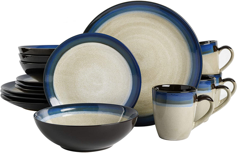 Gibson Elite Couture Bands Round Reactive Glaze Stoneware Dinnerware Set, Service for Four (16pcs), Blue and Cream Home & Garden > Kitchen & Dining > Tableware > Dinnerware Gibson Elite Blue and Cream  