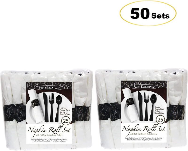 Party Essentials Party Supplies Wrapped Silverware Set Disposable, Pre Rolled Napkin and Cutlery, 50 Units, Spoons/Forks/Knives Black Home & Garden > Kitchen & Dining > Tableware > Flatware > Flatware Sets NorthWest Enterprises   