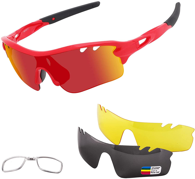Polarized Sports Sunglasses Cycling Sun Glasses for Men Women with 5 Interchangeable Lenes for Running Baseball Golf Driving Sporting Goods > Outdoor Recreation > Cycling > Cycling Apparel & Accessories BangLong Red  