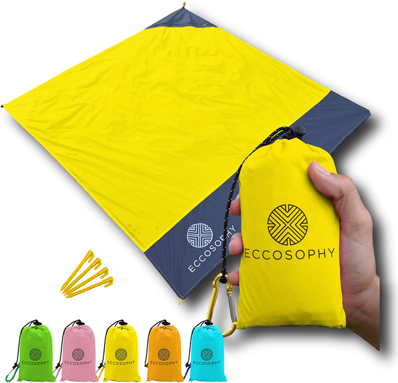 ECCOSOPHY Sand Proof Beach Blanket - 100% Waterproof Picnic Blanket 60x55 - Outdoor Compact Pocket Blanket - Lightweight Ground Cover for Hiking, Camping, Festivals, Sports, Travel- with Bag & Stakes Home & Garden > Lawn & Garden > Outdoor Living > Outdoor Blankets > Picnic Blankets ECCOSOPHY Yellow  
