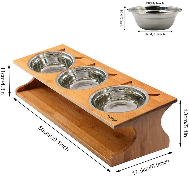 Petsoigné Cat Bowls Pet Dining Table with Raised Slope Wooden Stand Elevated Pet Bowls with Oblique Stand for Cats, Dogs, Kitten and Puppy (3 Bowls, Steel) Animals & Pet Supplies > Pet Supplies > Cat Supplies Petsoigné   