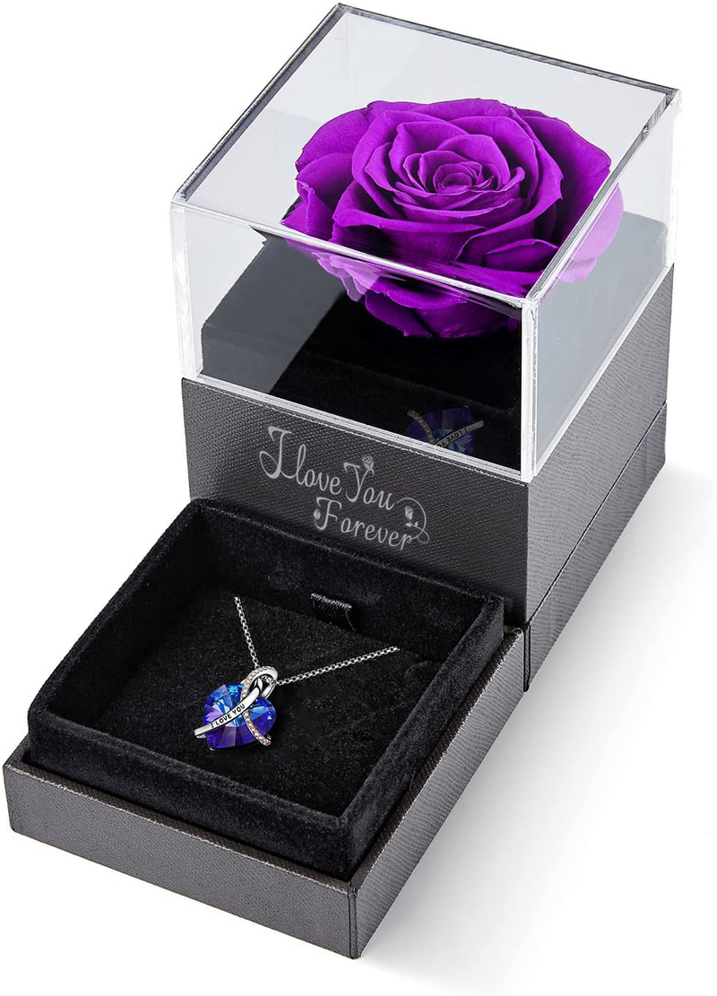 Eleshow Preserved Real Rose with I Love You Heart Crystal Necklace, Enchanted Rose Gifts for Her Girlfriend Wife Mom on Valentine'S Day Mothers Day Christmas Anniversary Birthday Gifts for Women Home & Garden > Decor > Seasonal & Holiday Decorations EleShow A-purple Rose  