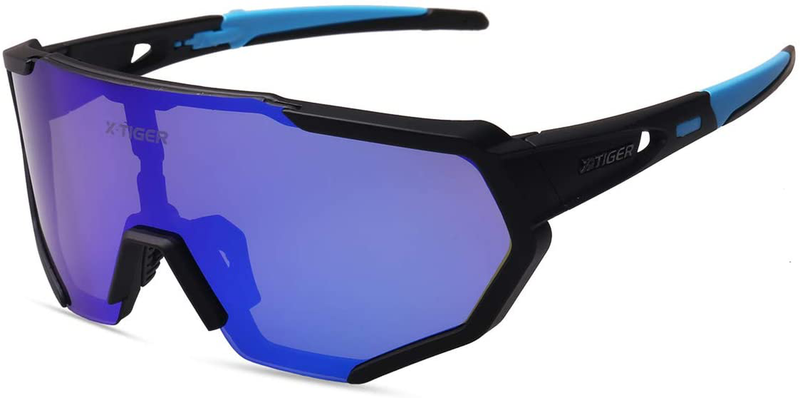 X-TIGER Polarized Sports Sunglasses with 3 or 5 Interchangeable Lenses,Mens Womens Cycling Glasses,Baseball Running Fishing Golf Driving Sunglasses Sporting Goods > Outdoor Recreation > Cycling > Cycling Apparel & Accessories X-TIGER Blackblue-3lens  