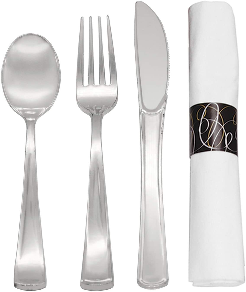 Party Essentials Party Supplies Wrapped Silverware Set Disposable, Pre Rolled Napkin and Cutlery, 50 Units, Spoons/Forks/Knives Black Home & Garden > Kitchen & Dining > Tableware > Flatware > Flatware Sets NorthWest Enterprises Spoons/Forks/Knives Silver 50 Units 