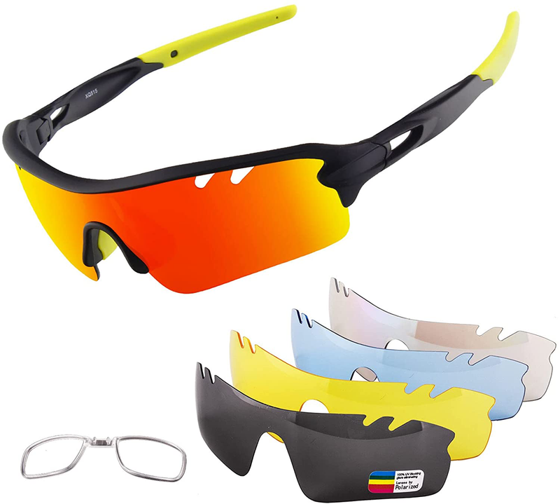 Polarized Sports Sunglasses Cycling Sun Glasses for Men Women with 5 Interchangeable Lenes for Running Baseball Golf Driving Sporting Goods > Outdoor Recreation > Cycling > Cycling Apparel & Accessories BangLong Black Yellow  