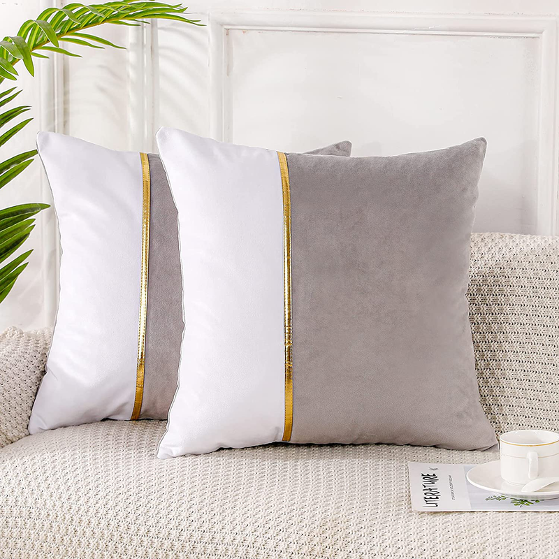 Pack of 2 Light Grey Patchwork Velvet Throw Pillow Cover with Gold Striped Leather Modern Luxury Square Cushion Case Pillowcase for Sofa Couch Bedroom Living Room Home 16X16 Inch Home & Garden > Decor > Chair & Sofa Cushions PANOD Light Grey 22" x 22" 