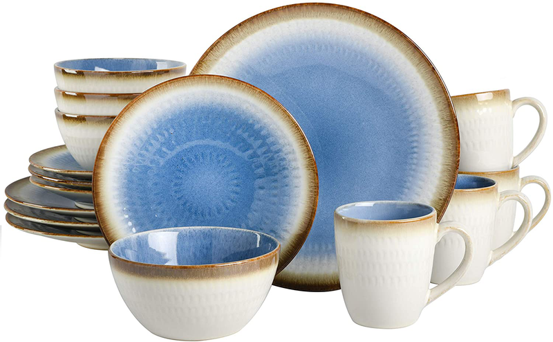 Gibson Elite Couture Bands Round Reactive Glaze Stoneware Dinnerware Set, Service for Four (16pcs), Blue and Cream Home & Garden > Kitchen & Dining > Tableware > Dinnerware Gibson Elite Blue Moon  