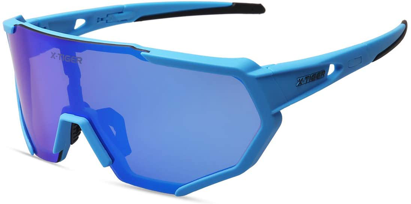 X-TIGER Polarized Sports Sunglasses with 3 or 5 Interchangeable Lenses,Mens Womens Cycling Glasses,Baseball Running Fishing Golf Driving Sunglasses Sporting Goods > Outdoor Recreation > Cycling > Cycling Apparel & Accessories X-TIGER Blue-3lens  