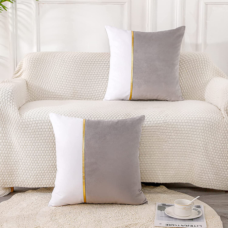 Pack of 2 Light Grey Patchwork Velvet Throw Pillow Cover with Gold Striped Leather Modern Luxury Square Cushion Case Pillowcase for Sofa Couch Bedroom Living Room Home 16X16 Inch Home & Garden > Decor > Chair & Sofa Cushions PANOD   