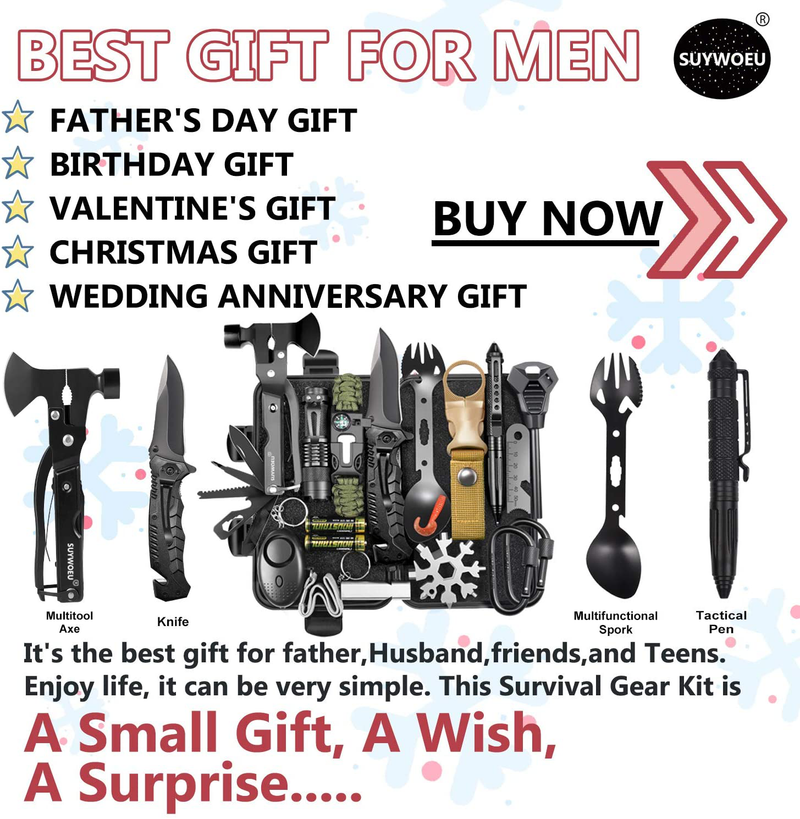 Gifts for Men Dad Husband Fathers Day, Survival Gear and Equipment Kit 21 in 1, Professional Cool Gadgets Stuff Tactical Tool, Gift Ideas for Him Teenage Boy Emergency Hunting Outdoors Camping Hiking Sporting Goods > Outdoor Recreation > Camping & Hiking > Camping Tools SUYWOEU   