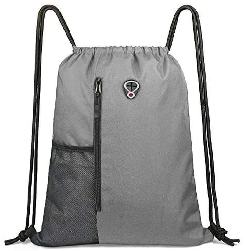 Drawstring Backpack Sports Gym Bag for Women Men Children Large Size with Zipper and Water Bottle Mesh Pockets Home & Garden > Household Supplies > Storage & Organization BeeGreen Grey  