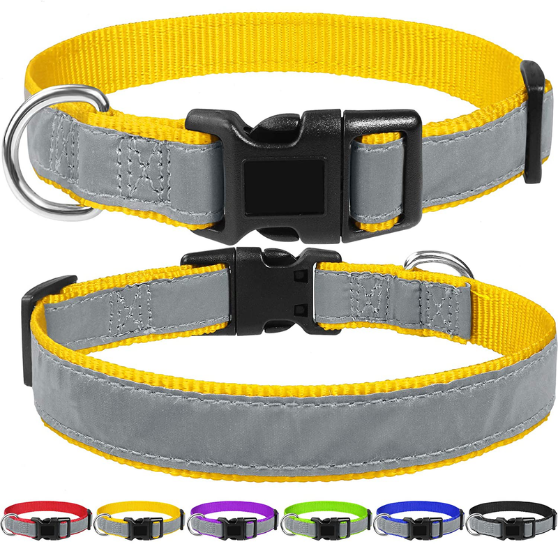 FunTags Reflective Nylon Dog Collar,Adjustable Pet Collars with Quick Release Buckle for Puppy Small Medium Large Dogs,18 Classic Solid Colors,4 Sizes Animals & Pet Supplies > Pet Supplies > Dog Supplies FunTags Yellow/Gray L - 1.0"x(16"-24") 