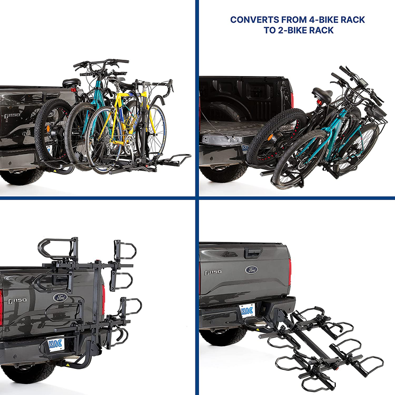 KAC Overdrive Sports K4 2” Hitch Mounted Rack 4-Bike Platform Style Carrier for Standard, Fat Tire, and Electric Bicycles – 60 lbs/Bike Heavy Weight Capacity - Smart Tilting – RV Use Prohibited Sporting Goods > Outdoor Recreation > Winter Sports & Activities KAC   