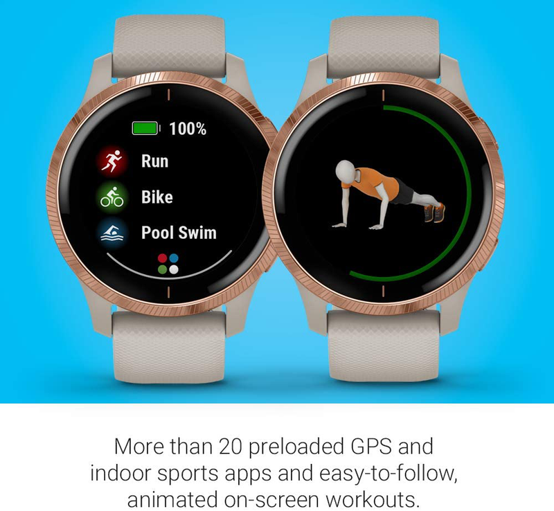 Garmin Venu, GPS Smartwatch with Bright Touchscreen Display, Features Music, Body Energy Monitoring, Animated Workouts, Pulse Ox Sensor and More, Rose Gold with Tan Band Apparel & Accessories > Jewelry > Watches Garmin   
