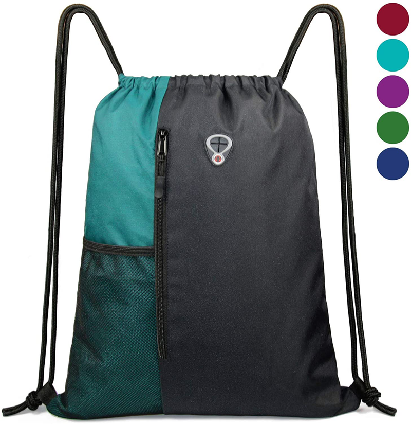 Drawstring Backpack Sports Gym Bag for Women Men Children Large Size with Zipper and Water Bottle Mesh Pockets Home & Garden > Household Supplies > Storage & Organization BeeGreen Black/Teal  