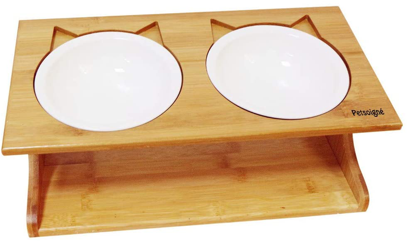 Petsoigné Cat Bowls Pet Dining Table with Raised Slope Wooden Stand Elevated Pet Bowls with Oblique Stand for Cats, Dogs, Kitten and Puppy (3 Bowls, Steel) Animals & Pet Supplies > Pet Supplies > Cat Supplies Petsoigné Ceramics Double bowl 