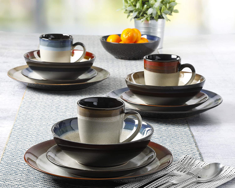 Gibson Elite Couture Bands Round Reactive Glaze Stoneware Dinnerware Set, Service for Four (16pcs), Blue and Cream Home & Garden > Kitchen & Dining > Tableware > Dinnerware Gibson Elite   