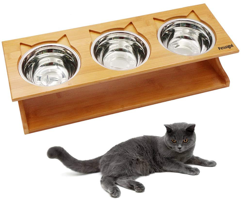 Petsoigné Cat Bowls Pet Dining Table with Raised Slope Wooden Stand Elevated Pet Bowls with Oblique Stand for Cats, Dogs, Kitten and Puppy (3 Bowls, Steel) Animals & Pet Supplies > Pet Supplies > Cat Supplies Petsoigné Steel 3 Bowls 