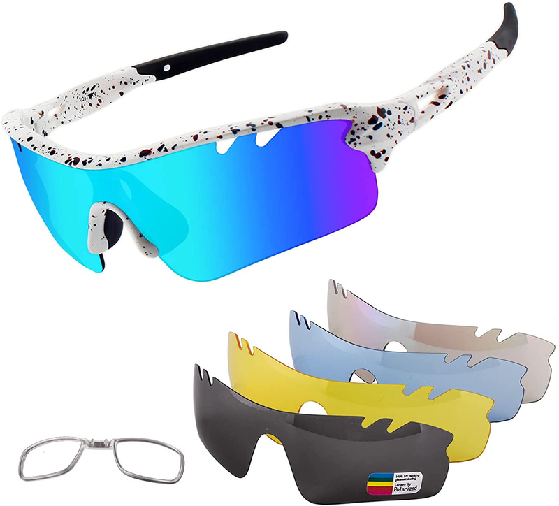 Polarized Sports Sunglasses Cycling Sun Glasses for Men Women with 5 Interchangeable Lenes for Running Baseball Golf Driving Sporting Goods > Outdoor Recreation > Cycling > Cycling Apparel & Accessories BangLong White Blue  