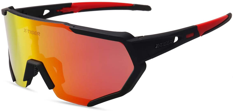 X-TIGER Polarized Sports Sunglasses with 3 or 5 Interchangeable Lenses,Mens Womens Cycling Glasses,Baseball Running Fishing Golf Driving Sunglasses Sporting Goods > Outdoor Recreation > Cycling > Cycling Apparel & Accessories X-TIGER Blackred-3lens  