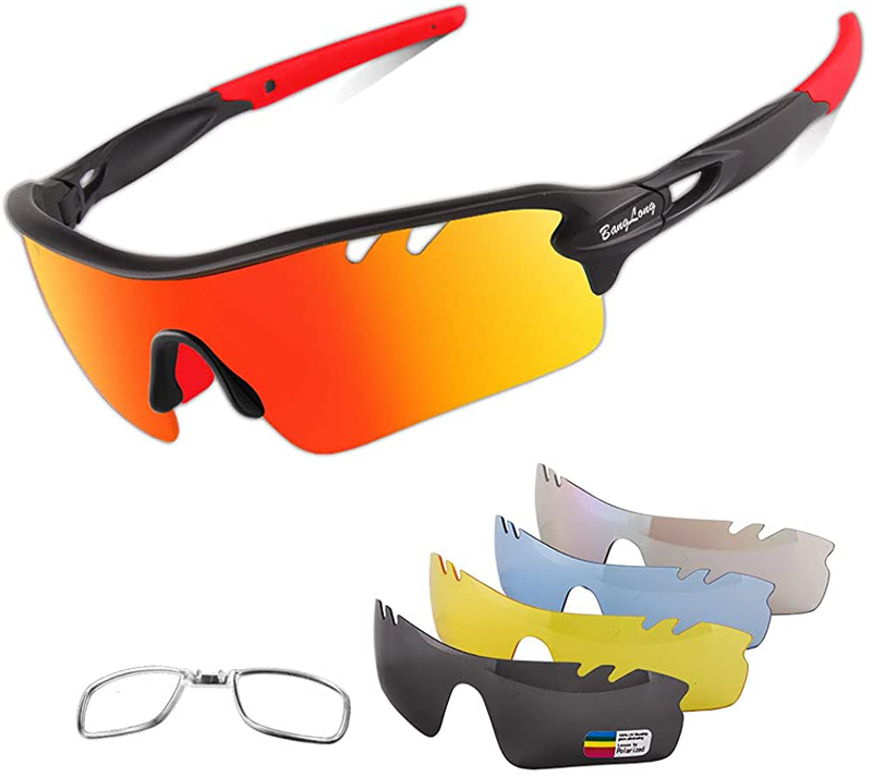 Polarized Sports Sunglasses Cycling Sun Glasses for Men Women with 5 Interchangeable Lenes for Running Baseball Golf Driving Sporting Goods > Outdoor Recreation > Cycling > Cycling Apparel & Accessories BangLong Black Red  