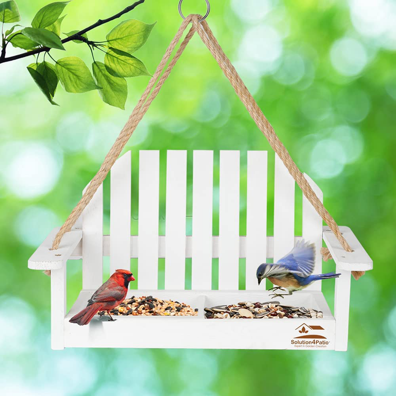 Solution4Patio White Swing Wild Bird Feeder for Outside, Metal Mesh Bottom, Cute Bench Bird Feeder or Squirrel Feeder for Yard, Porch Decoration, Large Capacity, Easy to Fill & Clean,