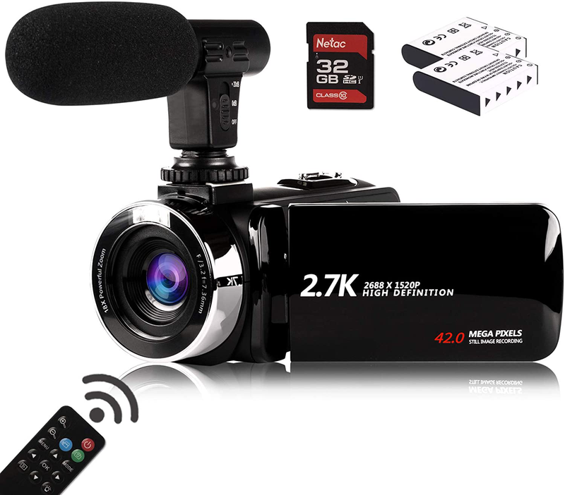 Video Camera Camcorder with Microphone, Vmotal 2.7K HD 42.0 MP 18X Digital Zoom 1080P IR Night Vision Vlogging YouTube Webcam Recorder, 3.0 Inch Screen with 2 Batteries Inculde 32GB SD Card Cameras & Optics > Cameras > Video Cameras Vmotal TDV-1302  