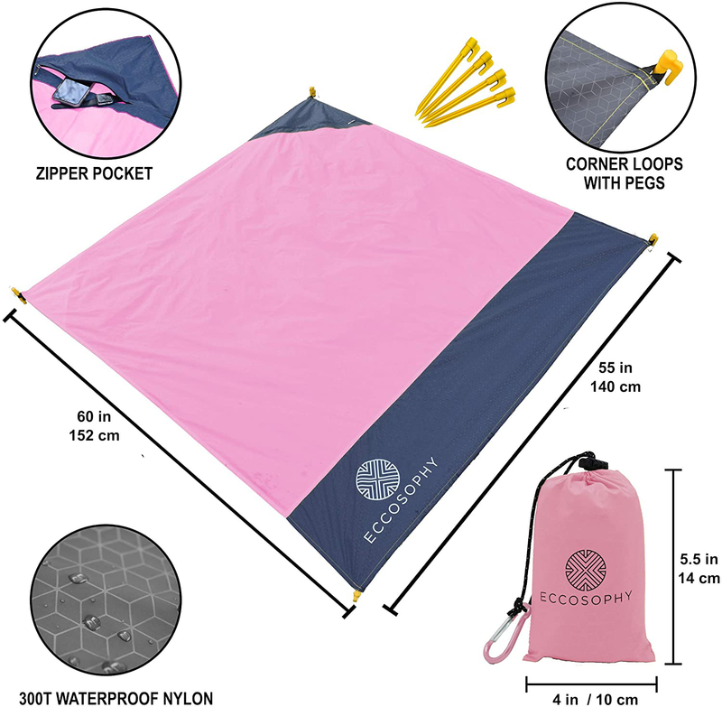 ECCOSOPHY Sand Proof Beach Blanket - 100% Waterproof Picnic Blanket 60x55 - Outdoor Compact Pocket Blanket - Lightweight Ground Cover for Hiking, Camping, Festivals, Sports, Travel- with Bag & Stakes Home & Garden > Lawn & Garden > Outdoor Living > Outdoor Blankets > Picnic Blankets ECCOSOPHY   
