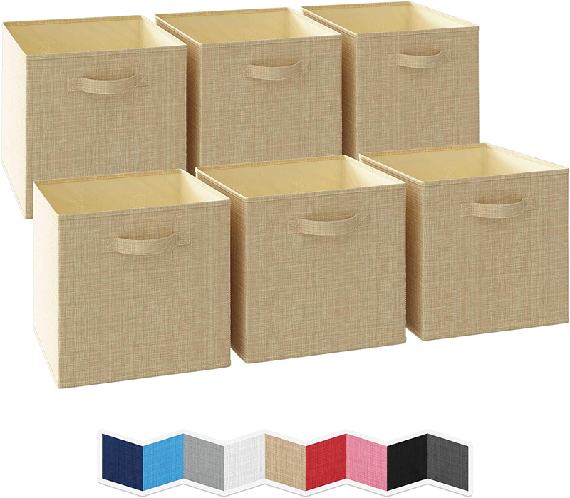 NEATERIZE 13x13x13 Large Storage Cubes - Set of 6 Storage Bins | Features Dual Handles | Cube Storage Bins | Foldable Closet Organizers and Storage | Fabric Storage Box for Home and Office (Grey) Home & Garden > Household Supplies > Storage & Organization NEATERIZE Beige  